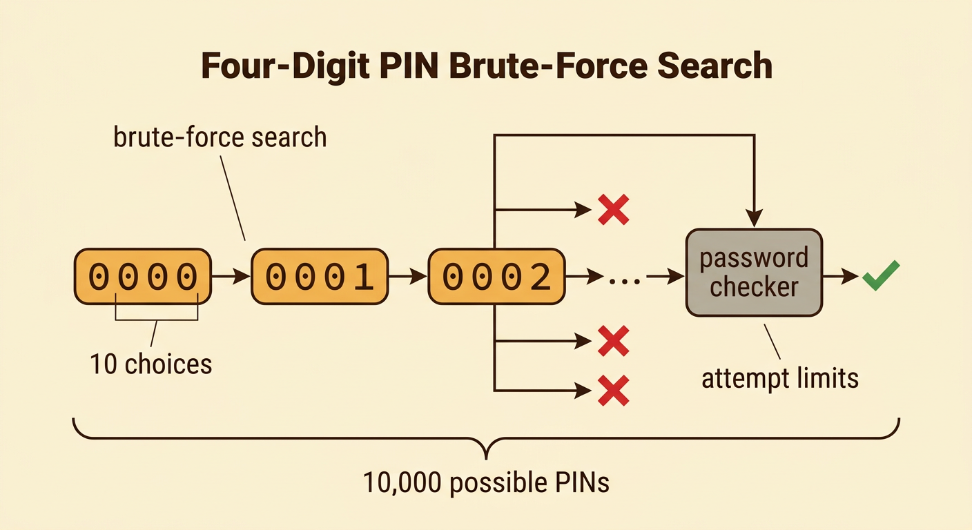 A digital PIN lock shows candidate codes moving through a brute-force search, with limits blocking repeated online attempts.