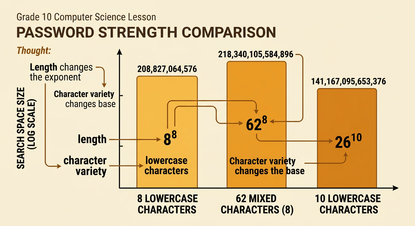 A comparison chart shows how added length and added character variety change three password search spaces.