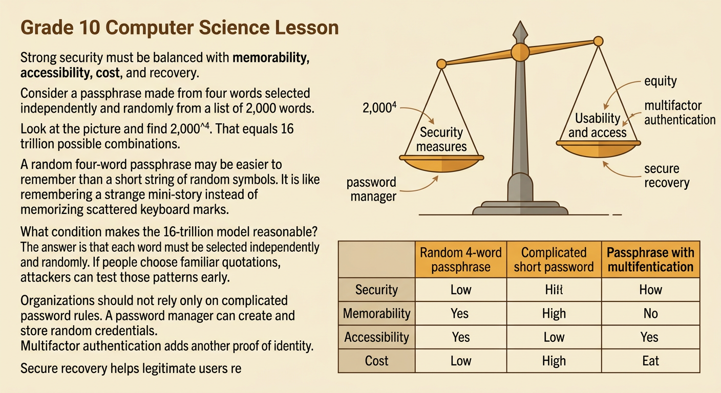An account-protection diagram combines a random four-word passphrase with layered defenses and accessible recovery options.