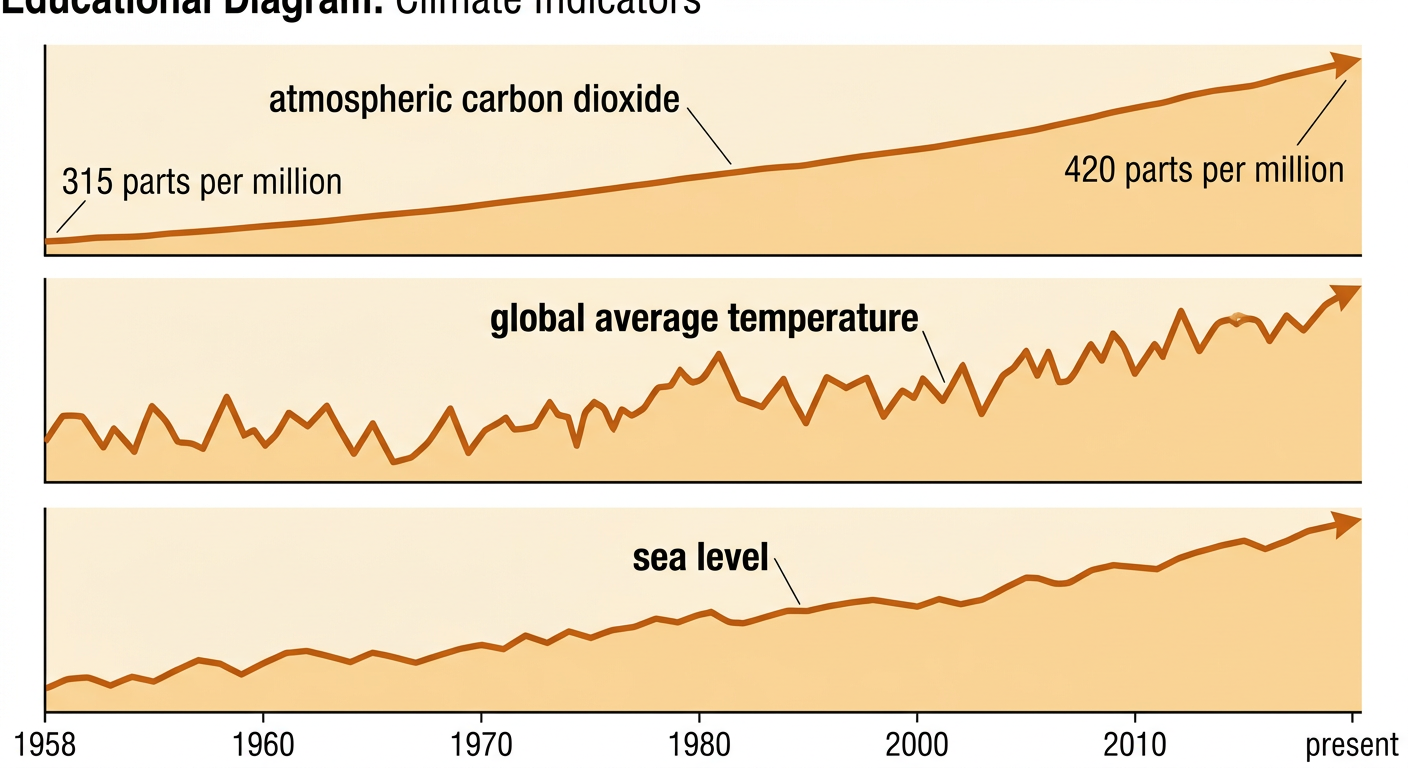 A climate dashboard shows rising carbon dioxide, global temperature, and sea level from 1958 to recent years.
