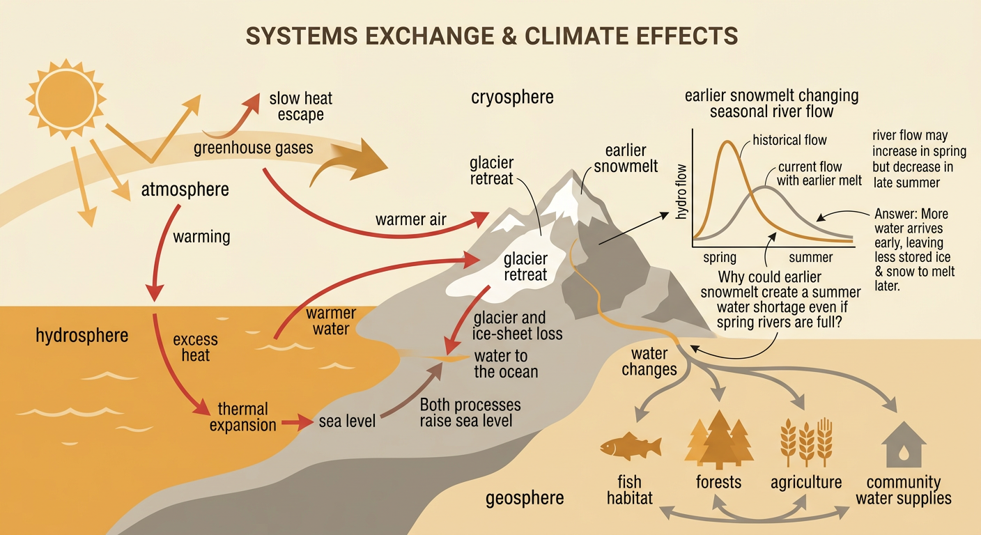 A mountain watershed diagram connects glacier retreat and earlier snowmelt to changing spring and summer river flow.