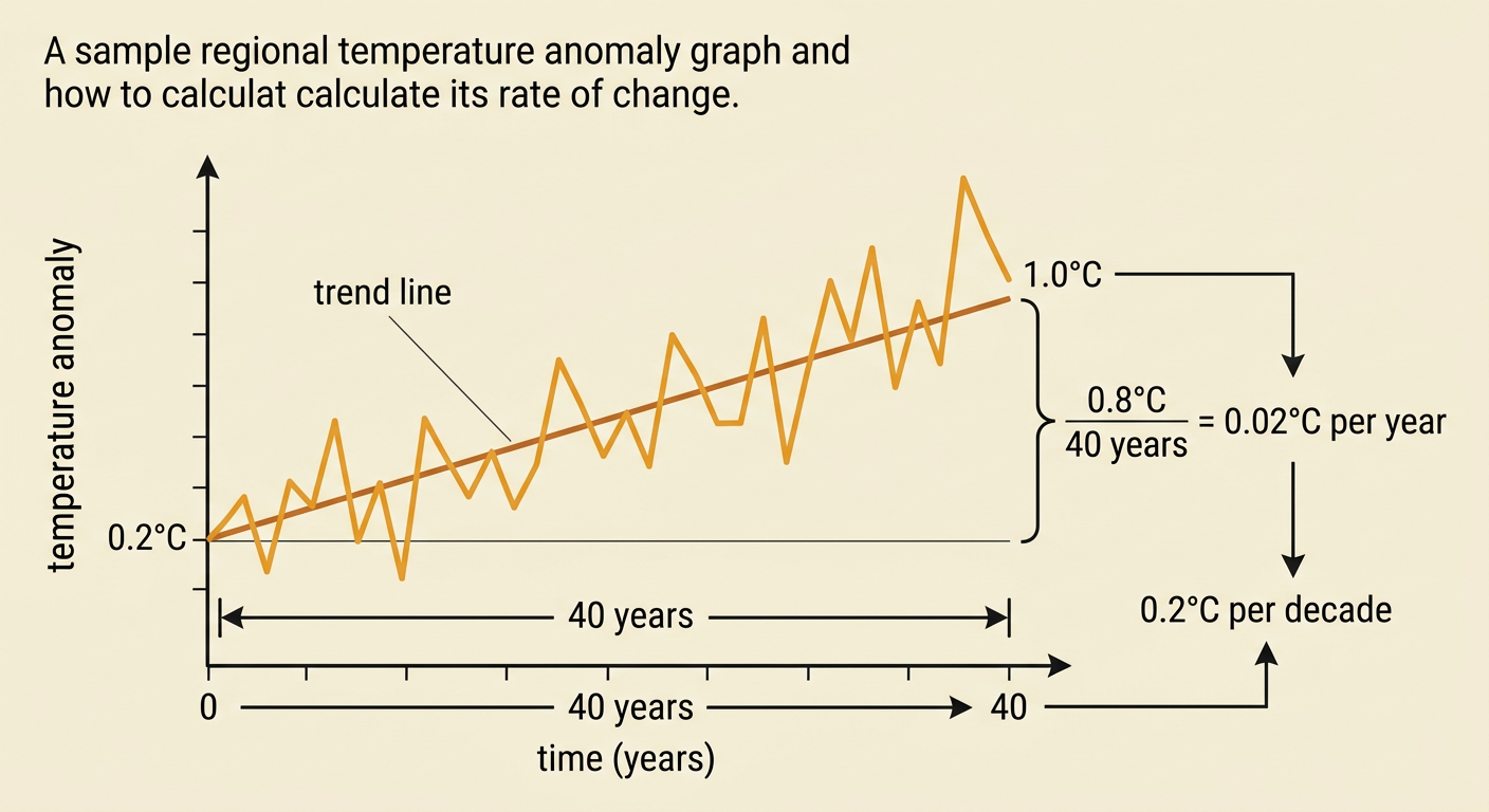 A temperature graph shows a rising anomaly with yearly variation and a labeled trend line over 40 years.