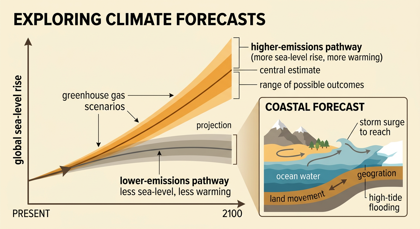 A coastal projection chart shows a central estimate, a range, and increasing high-tide flooding under different scenarios.