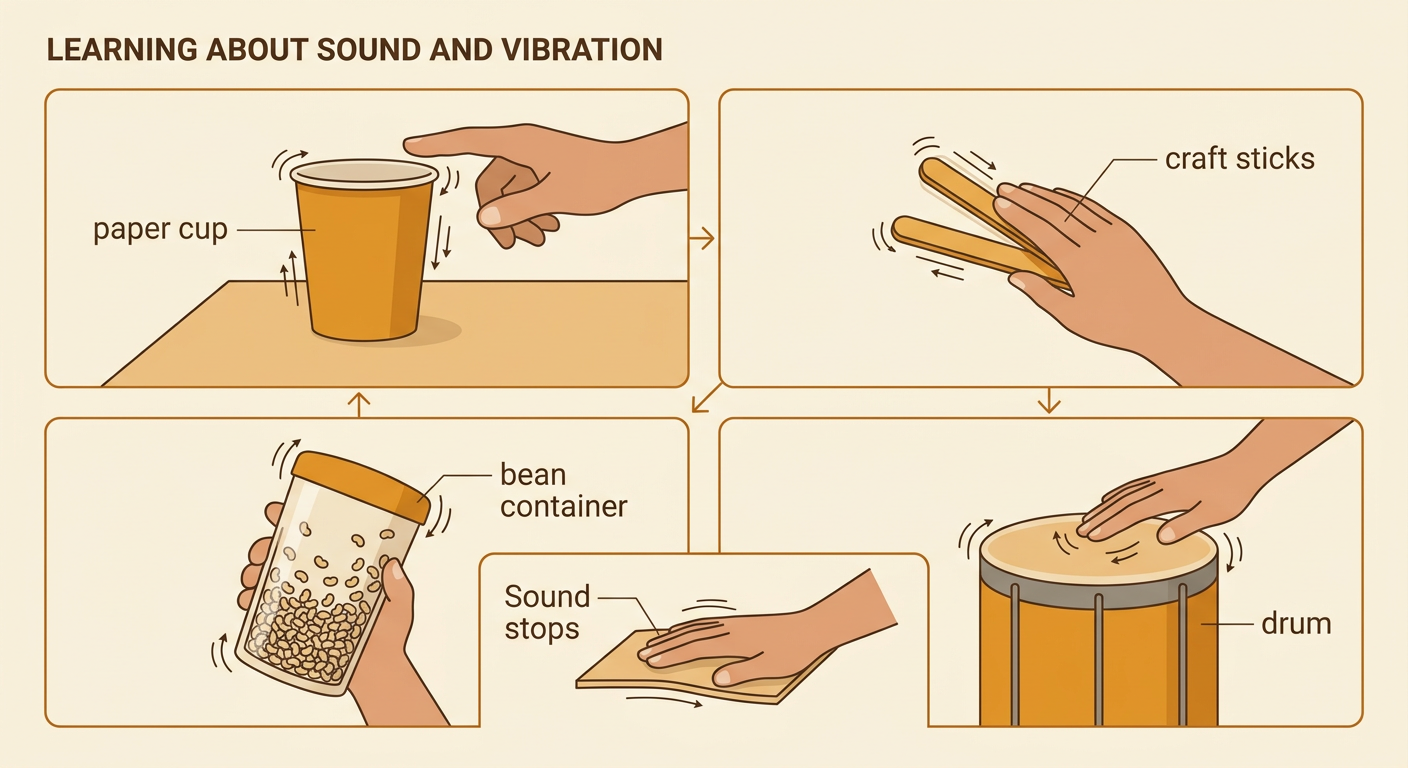 Children gently test a paper cup, craft sticks, a sealed bean container, and a drum at a table.