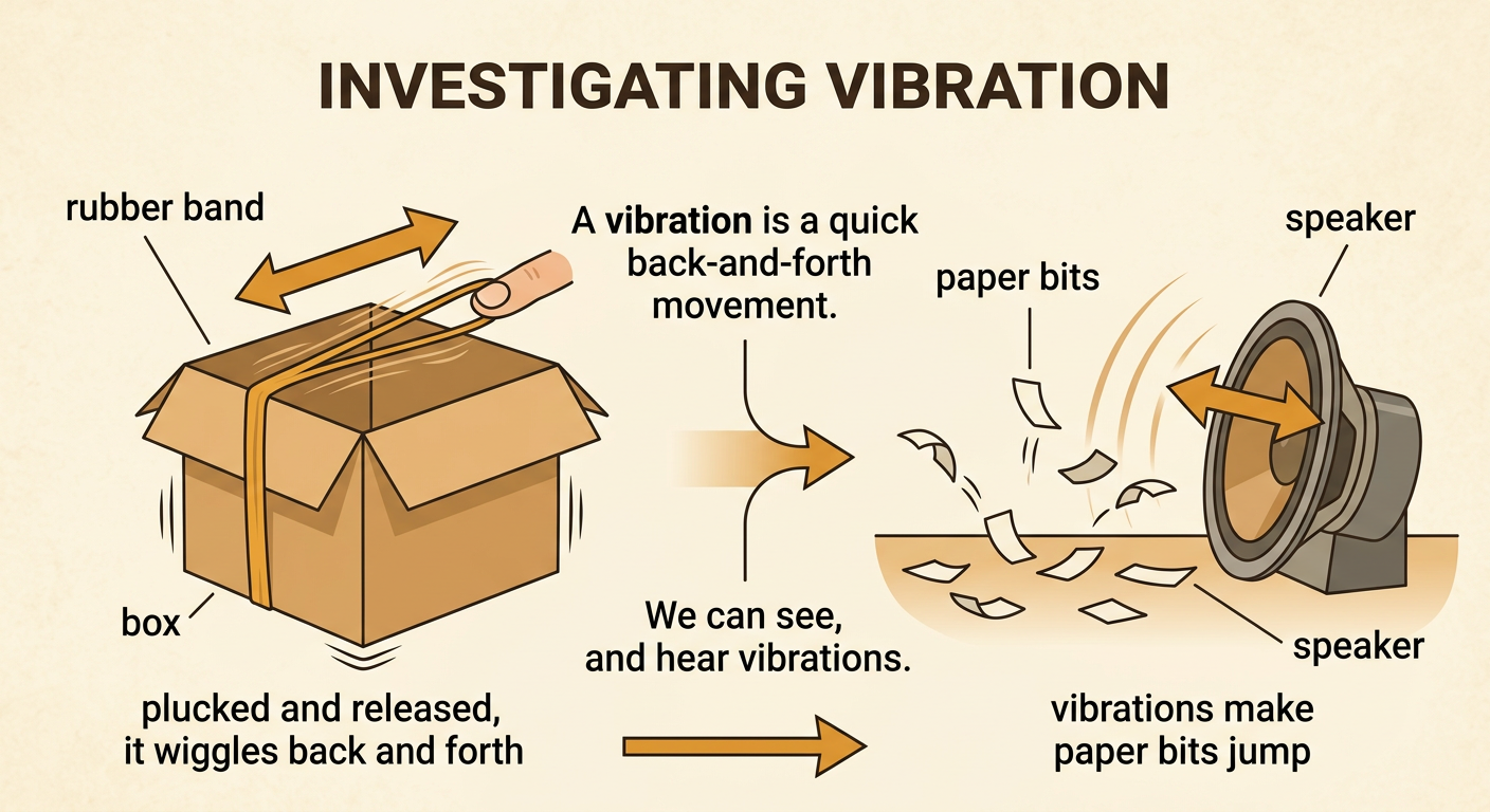 A vibrating rubber band wiggles over a box while paper bits jump beside a playing speaker.