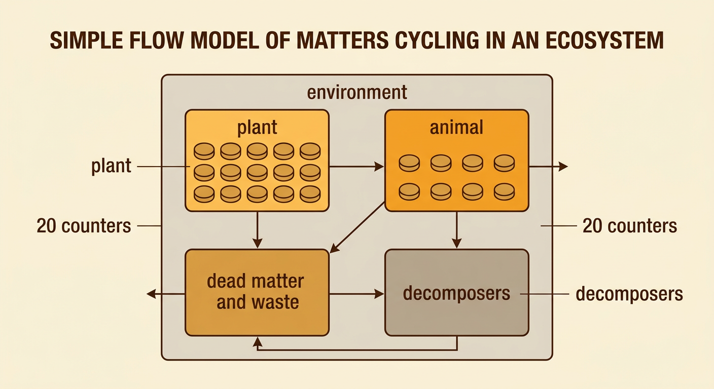 Twenty counters move by arrows among a plant, an animal, dead matter, decomposers, and the environment.