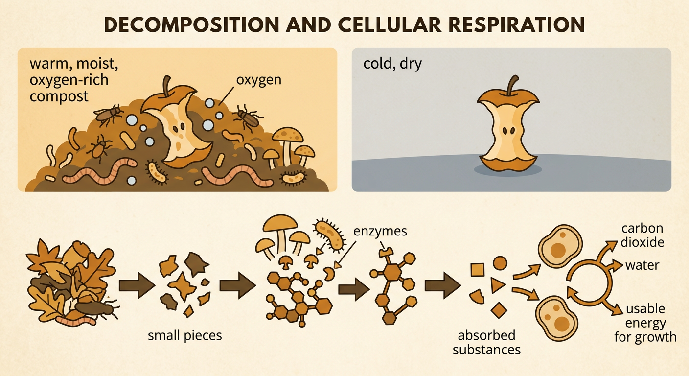 A warm, damp apple core breaks into small pieces as enzymes help decomposers absorb substances.