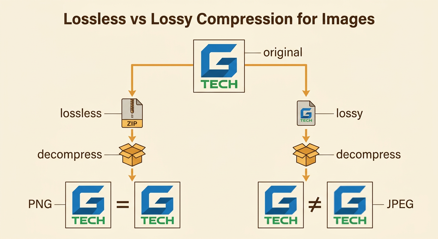 A split image compares an exact PNG logo restored with lossless compression to a smaller JPEG logo changed by lossy compression.