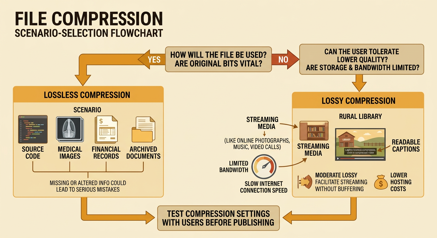 A rural library compares video compression choices for viewers with slow internet while checking that captions and diagrams remain clear.
