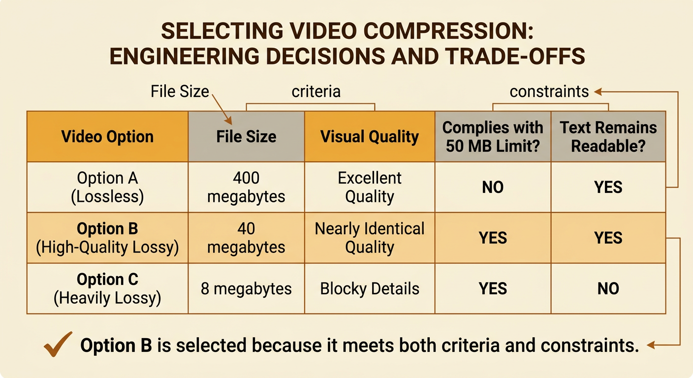 A decision table compares three school-video options against a 50-megabyte limit and a readable-text requirement.