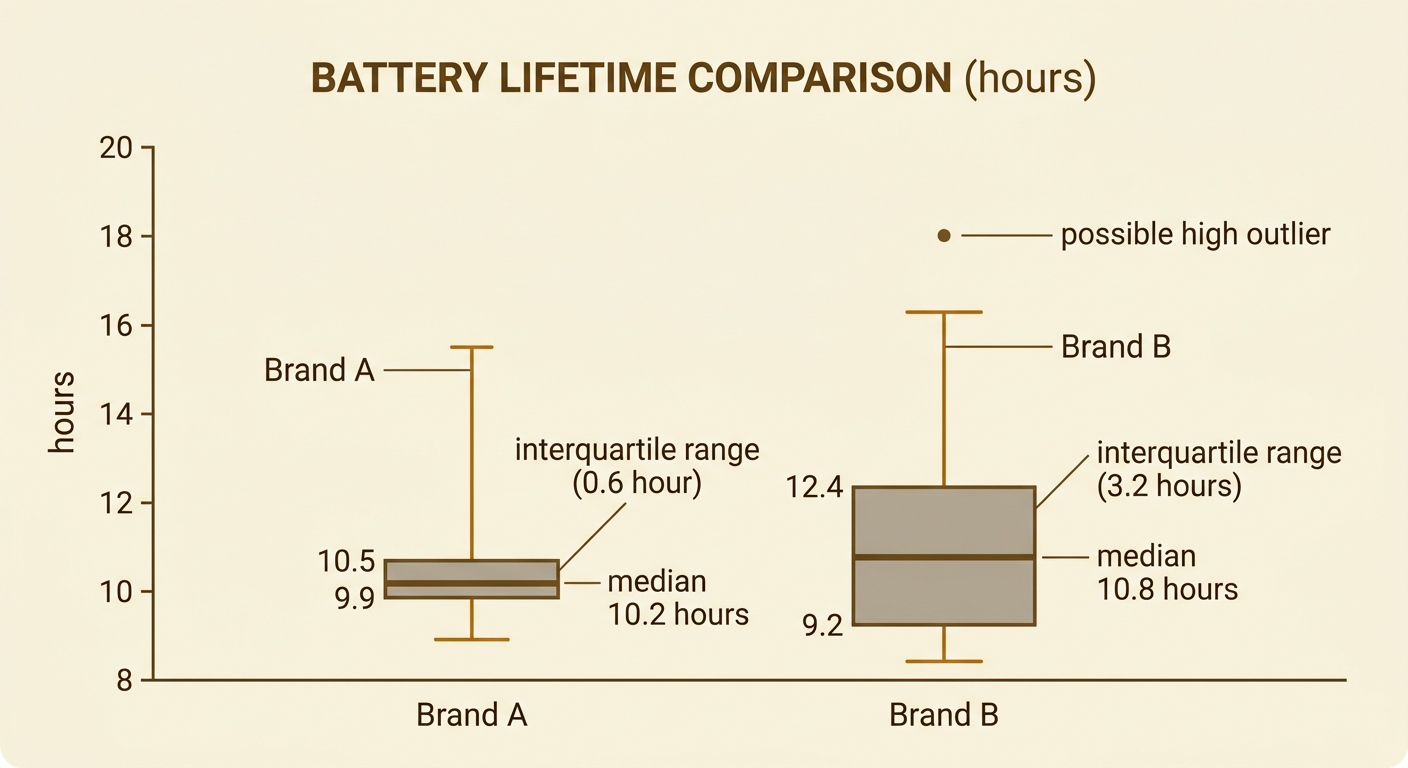 Parallel battery-life box plots show Brand A clustered tightly and Brand B spread widely with a possible high outlier at 18.0 hours.