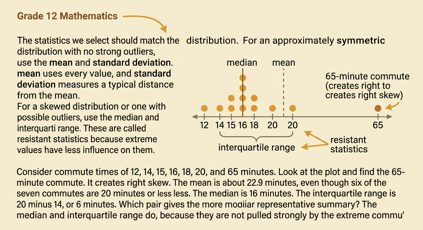 A commute-time dot plot shows six nearby values and one distant 65-minute commute, with appropriate summary statistics beside it.