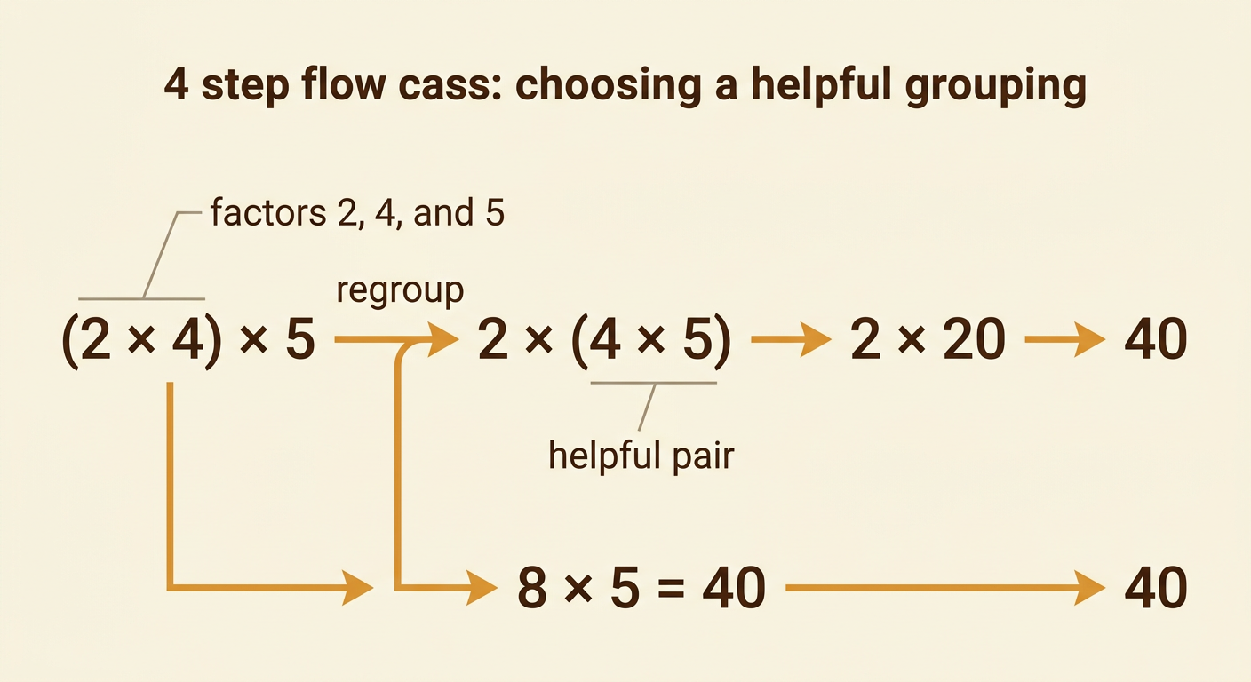 A step-by-step diagram changes the grouping of 2, 4, and 5 and shows both paths ending at 40.