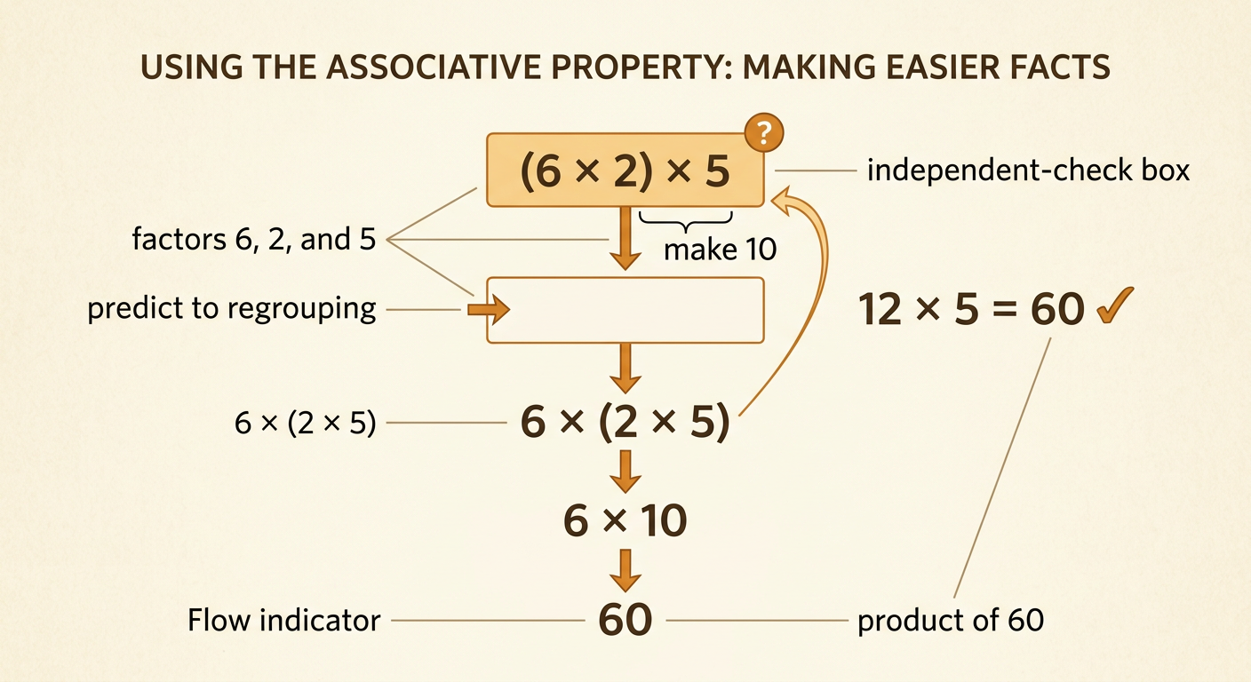 A worked multiplication diagram regroups 6, 2, and 5 so that 2 and 5 make 10, with both paths ending at 60.