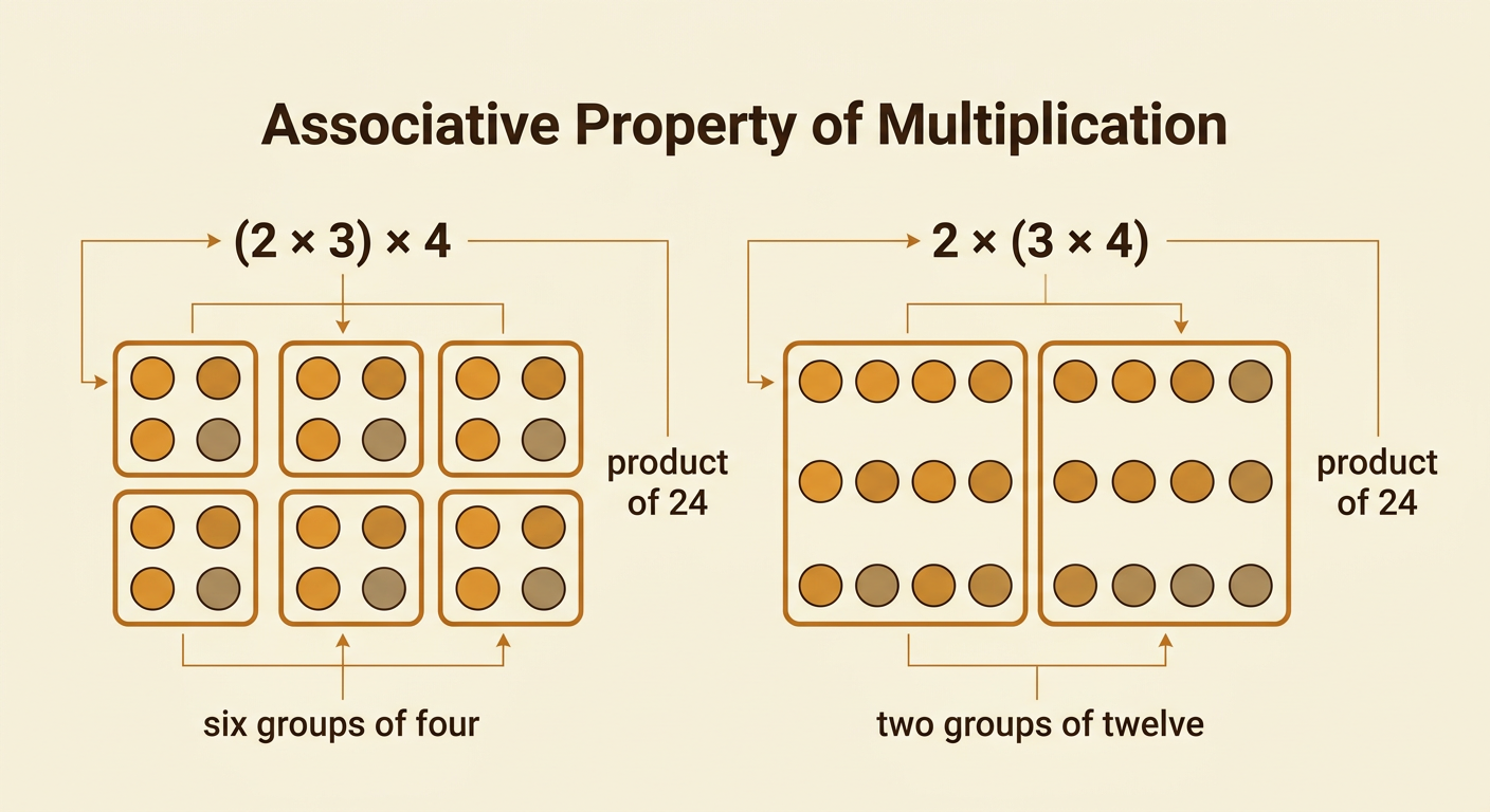 Two side-by-side dot diagrams show six groups of four and two groups of twelve, with 24 dots in each diagram.