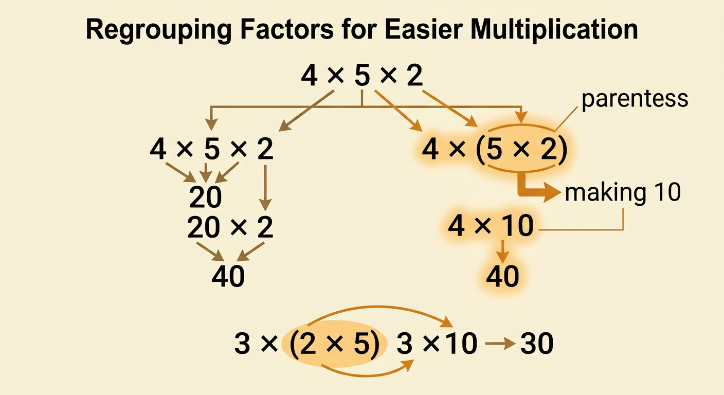 A multiplication path groups 5 and 2 to make 10, then shows four groups of ten making 40.