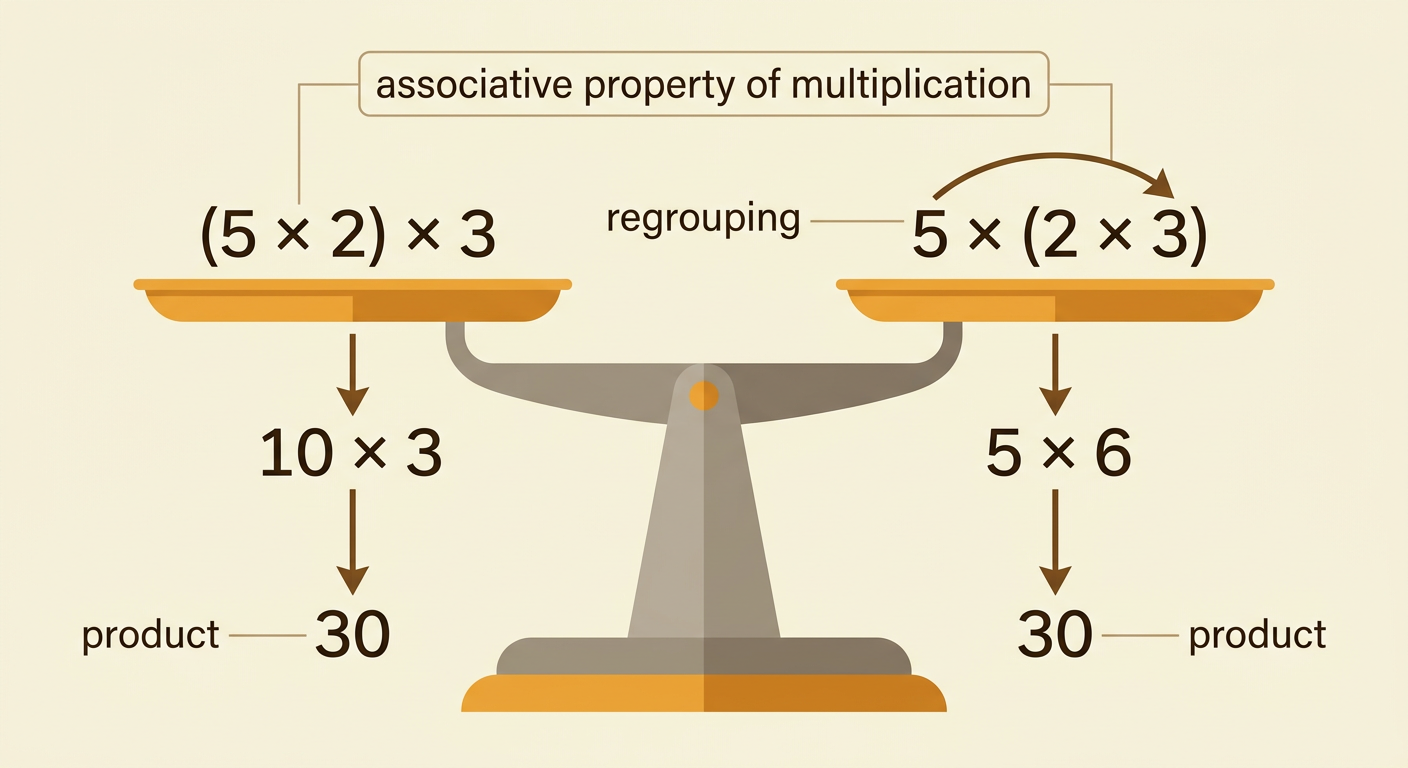 A balanced equation diagram shows both groupings of 5, 2, and 3 leading to a product of 30.