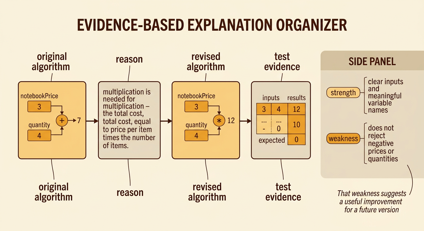 A before-and-after algorithm comparison shows the corrected operation, successful test results, one strength, and one weakness.