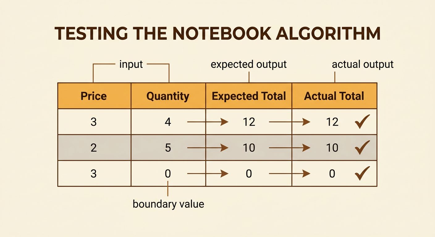 A three-row test table compares notebook inputs with expected and actual totals, including a quantity of zero.
