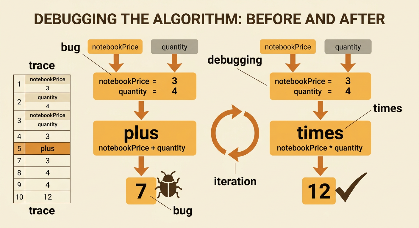 A step-by-step trace crosses out plus, replaces it with times, and changes the result from 7 to 12.