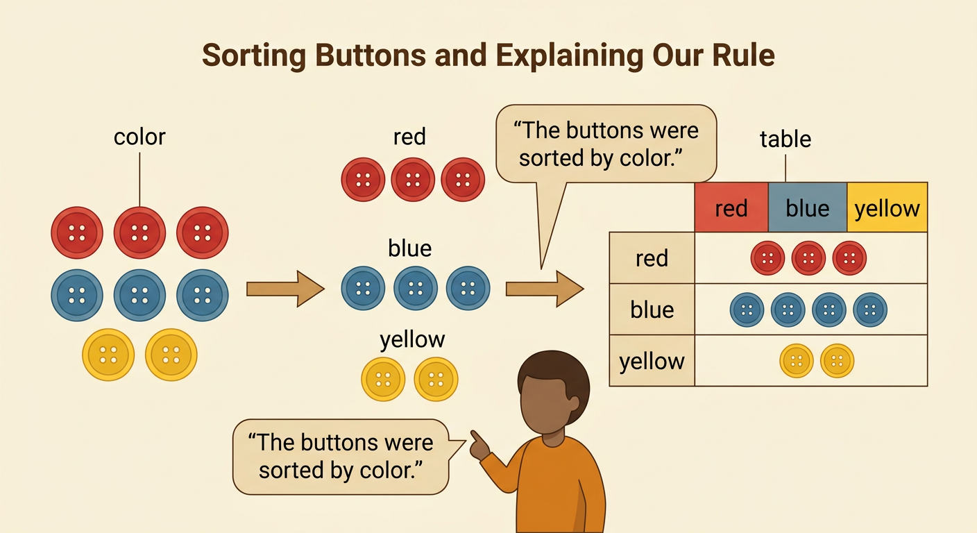 A child points to the sorted buttons and matching table while explaining the color rule and results.