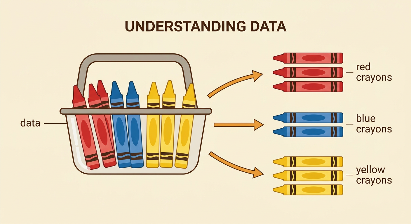 A basket of eight crayons is shown with the crayons grouped and counted by color.