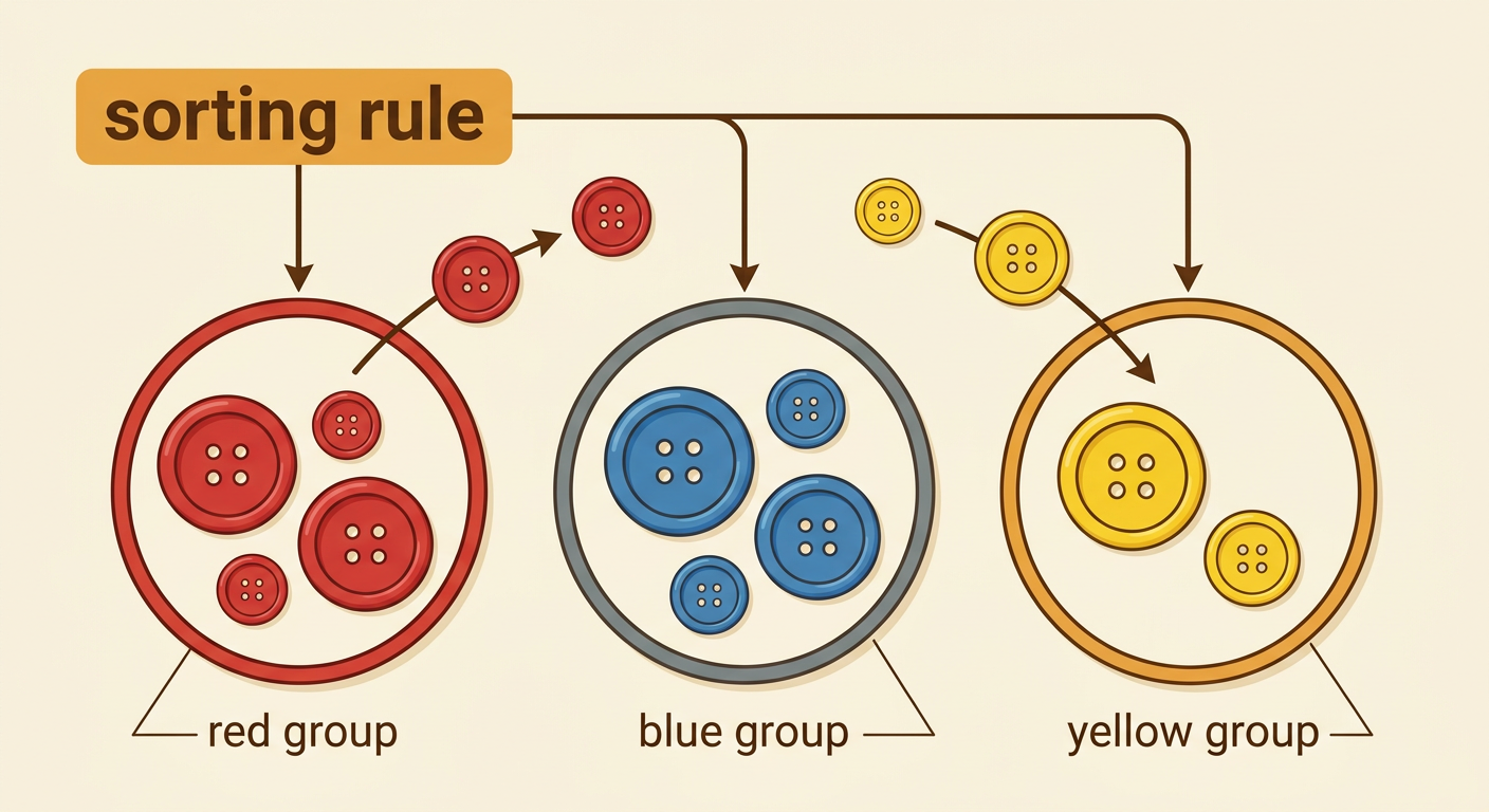 Nine buttons of different colors and sizes are placed beneath a color sorting rule and three group signs.
