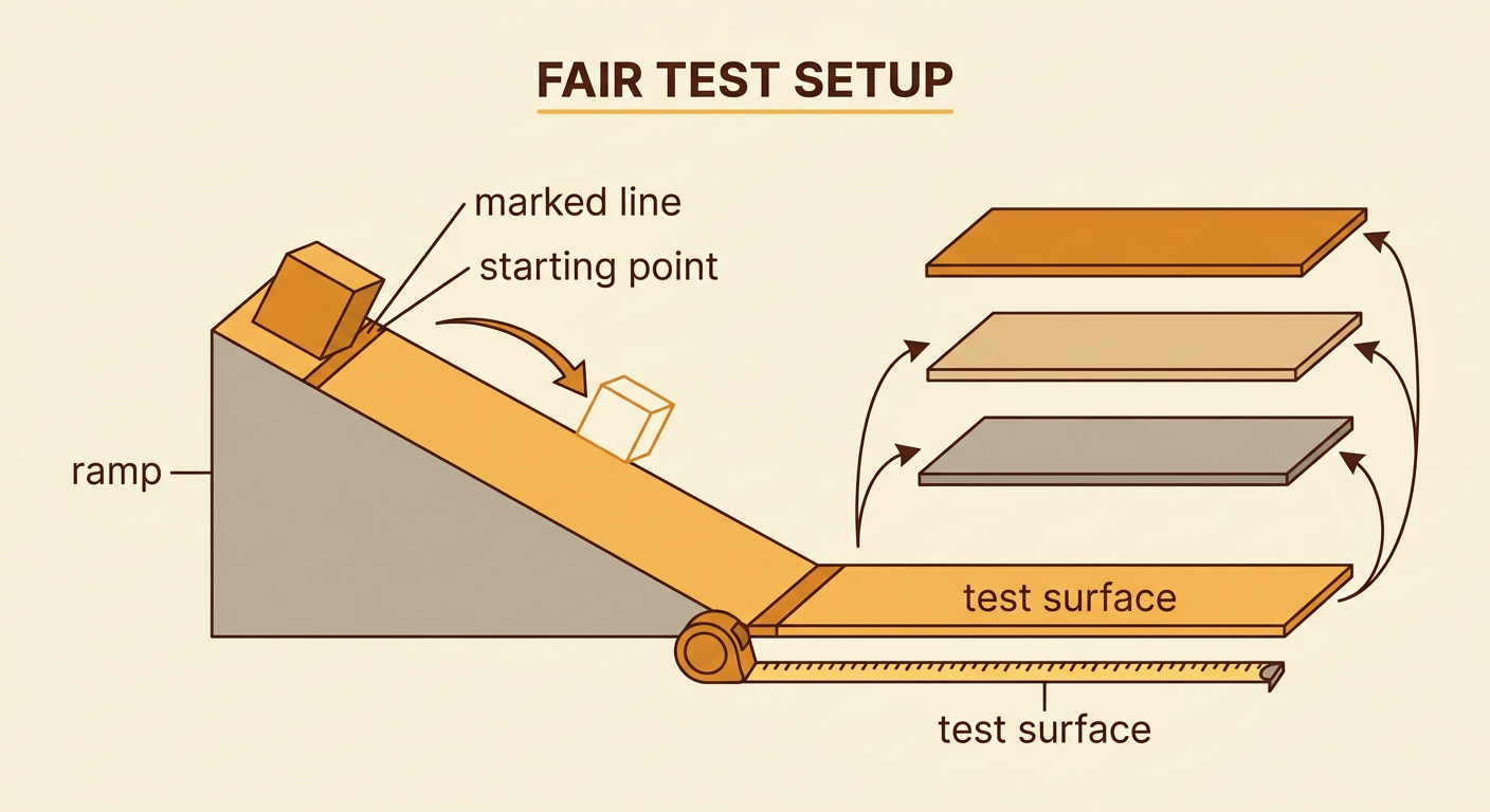 A lightweight block begins at a marked line on a ramp and slides onto a firmly taped test surface.