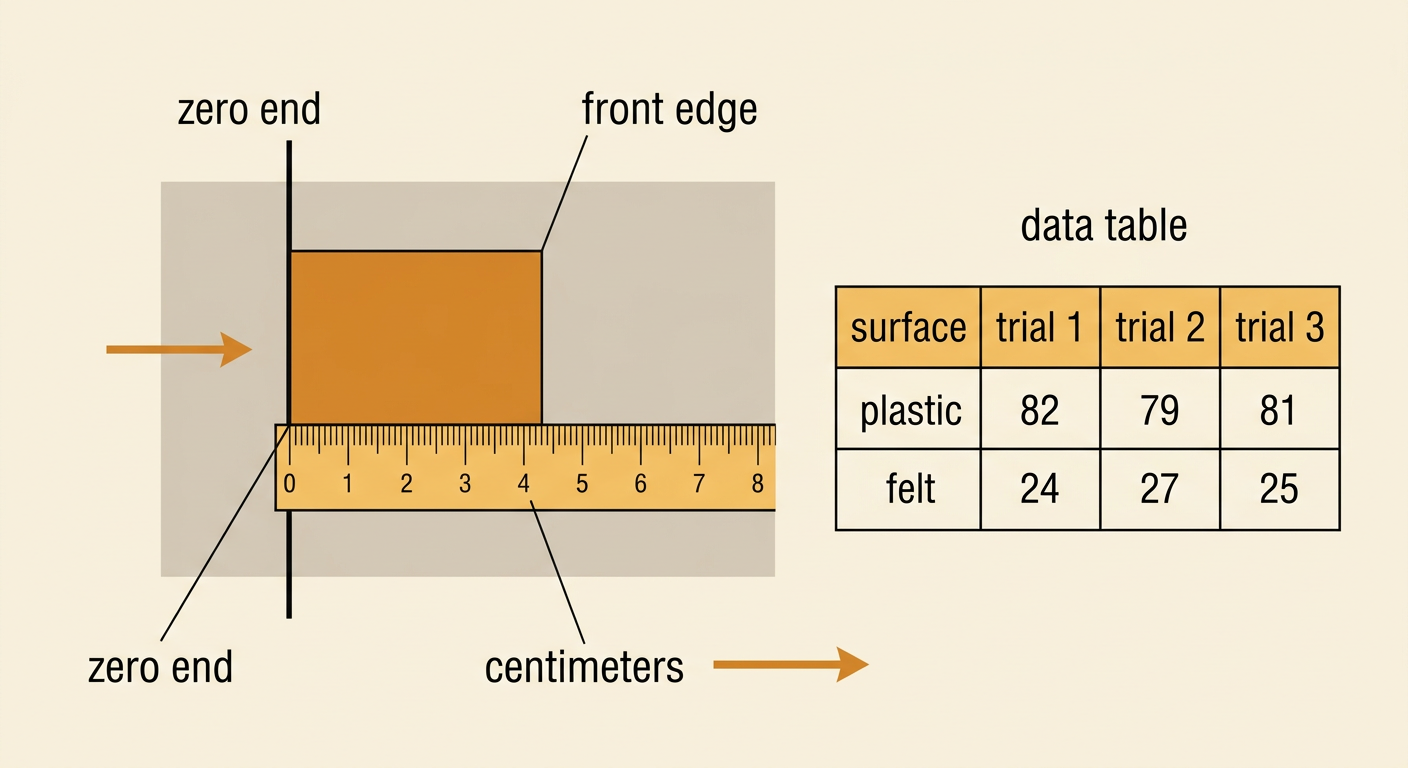 A stopped block is measured from the starting line to its front edge, with the result entered in a data table.