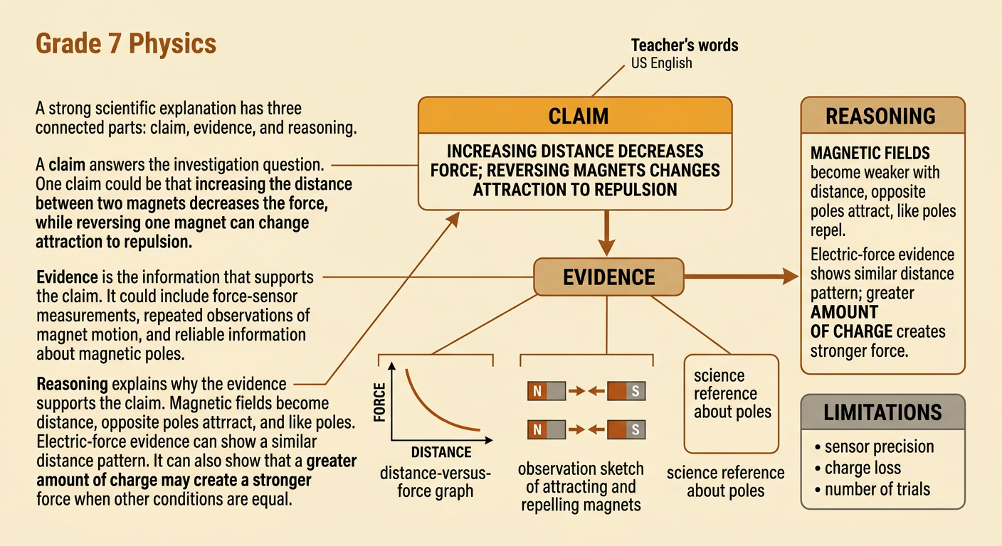 A connected claim-evidence-reasoning diagram uses magnet measurements and pole behavior to explain force changes, with limitations noted below.