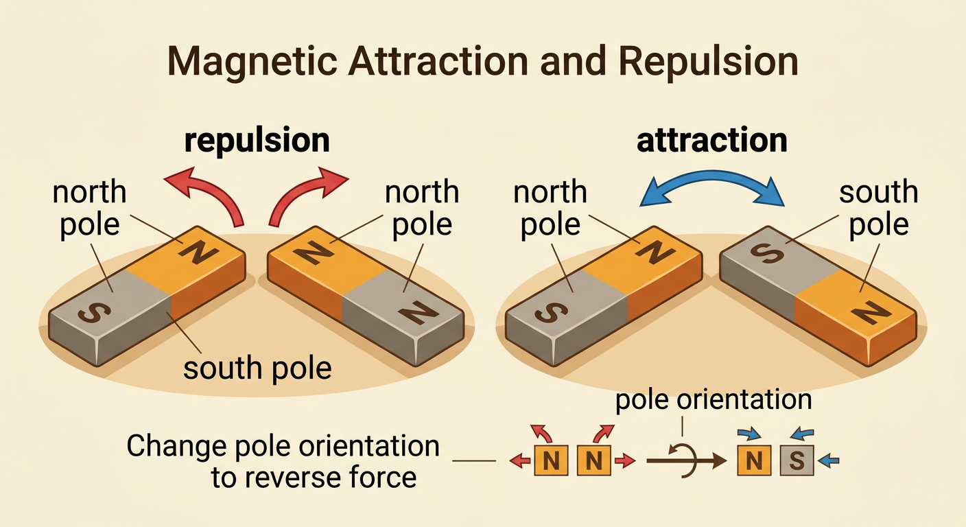 Two pairs of bar magnets show like north poles repelling and opposite north and south poles attracting.