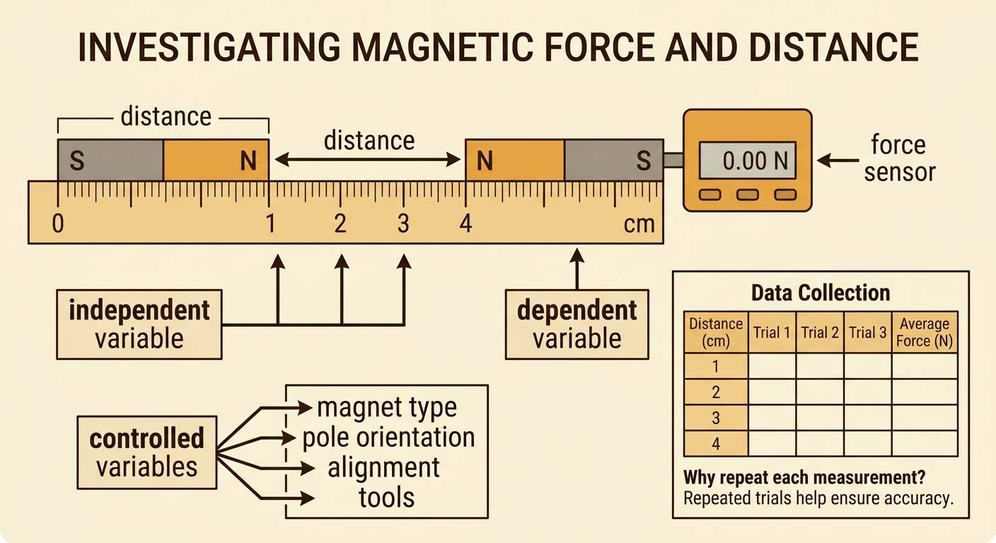 A ruler-based experiment shows one fixed bar magnet and a second aligned magnet attached to a force sensor at measured separations.