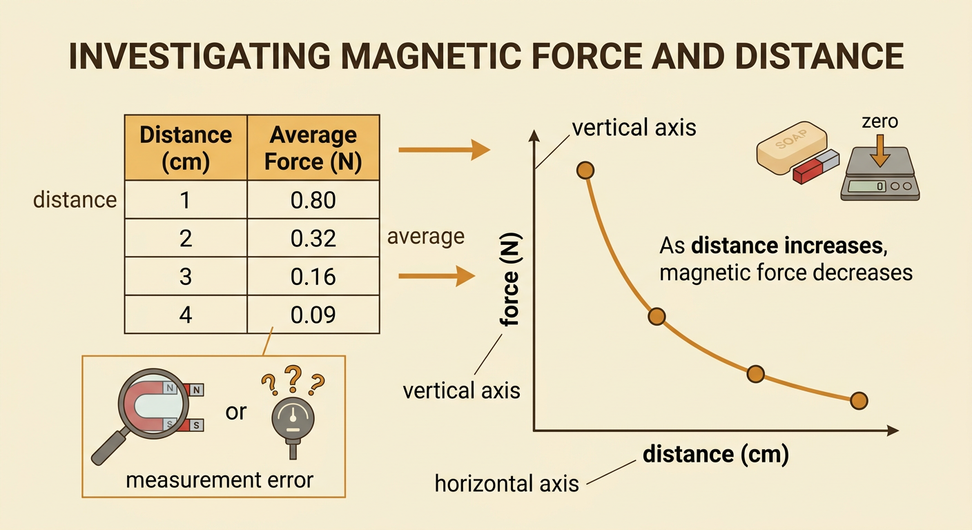 A data table and line graph show magnetic force dropping from 0.80 newton to 0.09 newton as distance increases from 1 to 4 centimeters.