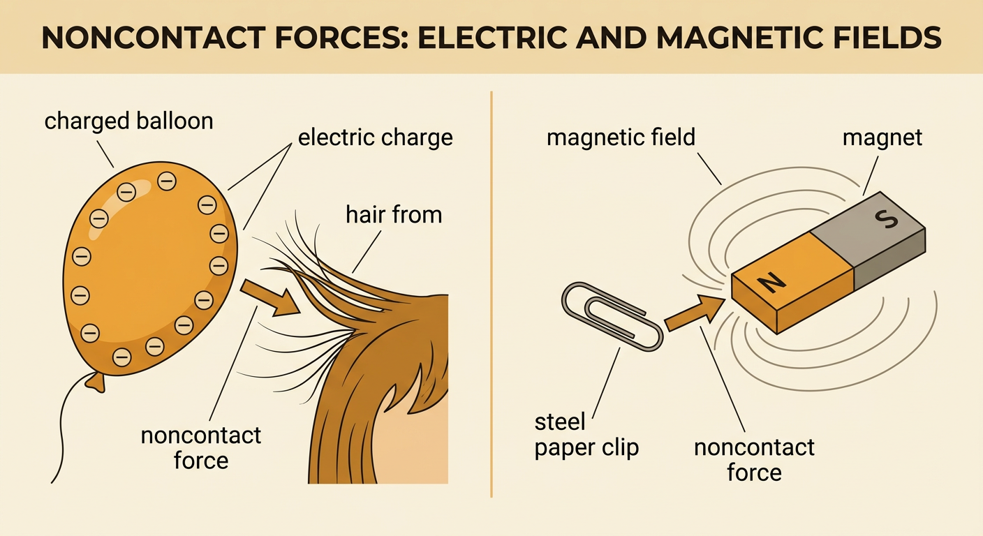 A charged balloon lifts hair while a magnet pulls a steel paper clip across a visible gap, with field lines around both objects.