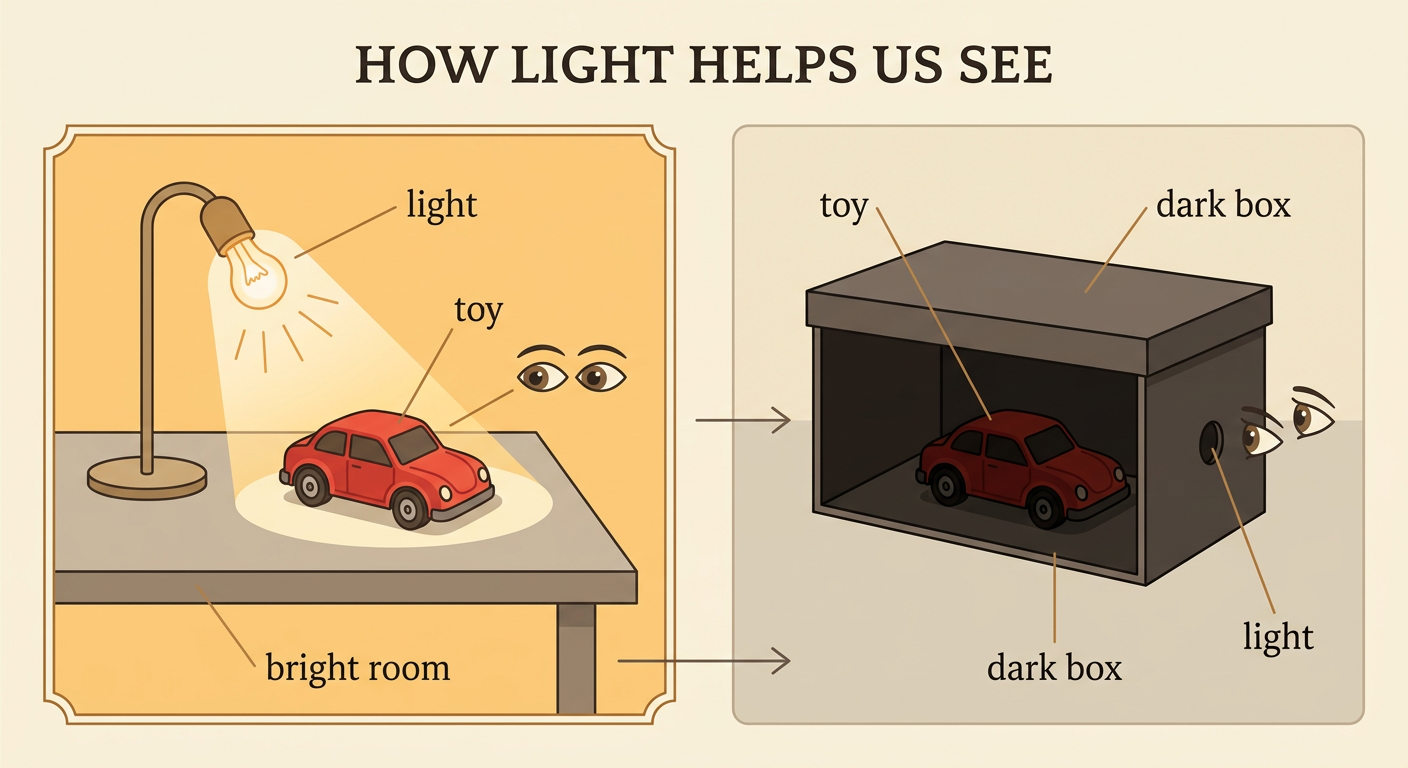 A toy appears clearly in a bright room but cannot be seen inside a closed dark viewing box.