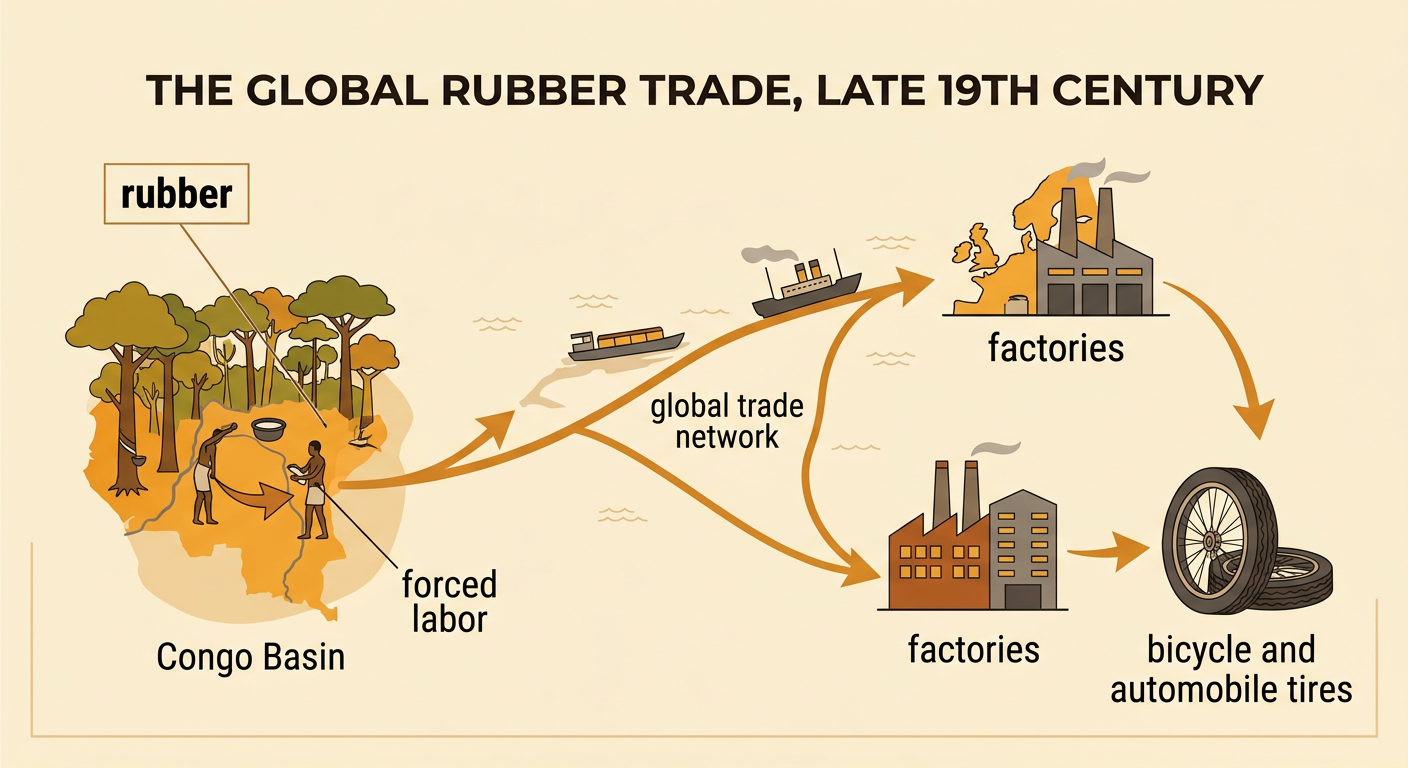 A flow diagram shows rubber moving from forced collection in the Congo Basin through a global trade network to tire factories.