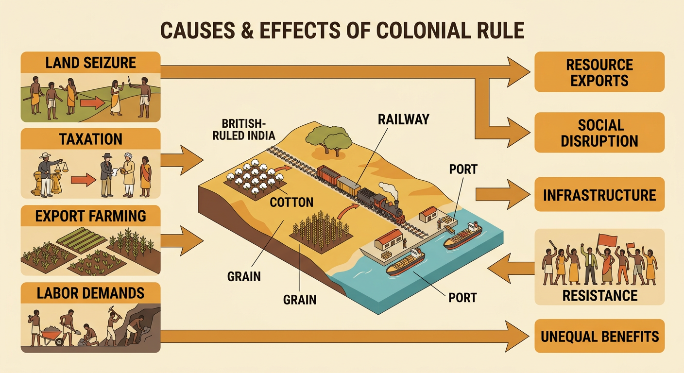 A scene in British-ruled India shows a railway carrying cotton and grain from inland farms to a coastal port as local people resist and negotiate colonial rule.
