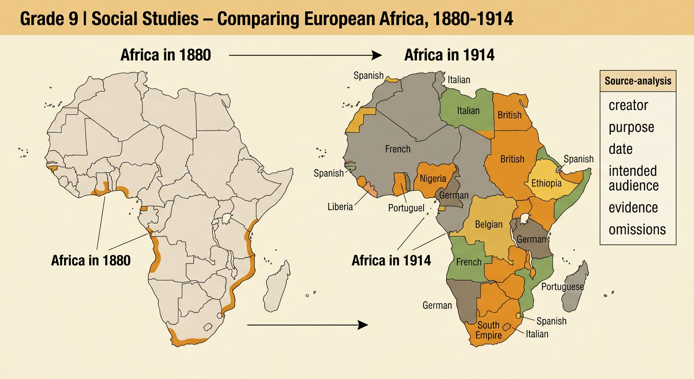 A comparison image shows maps of Africa in 1880 and 1914 beside a source-analysis card for the Berlin Conference document.