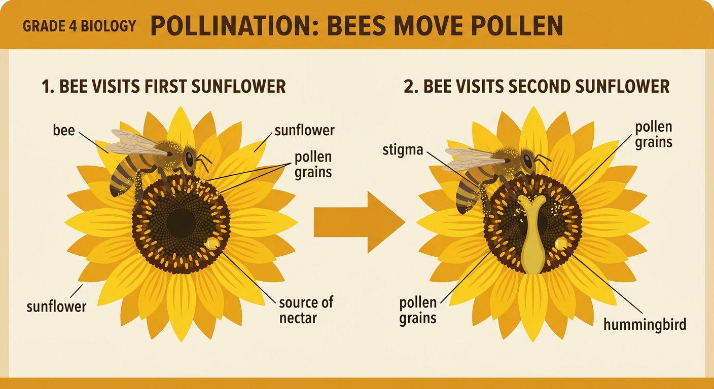 A flower garden shows a bee moving pollen between sunflowers while a hummingbird drinks from a tube-shaped flower.