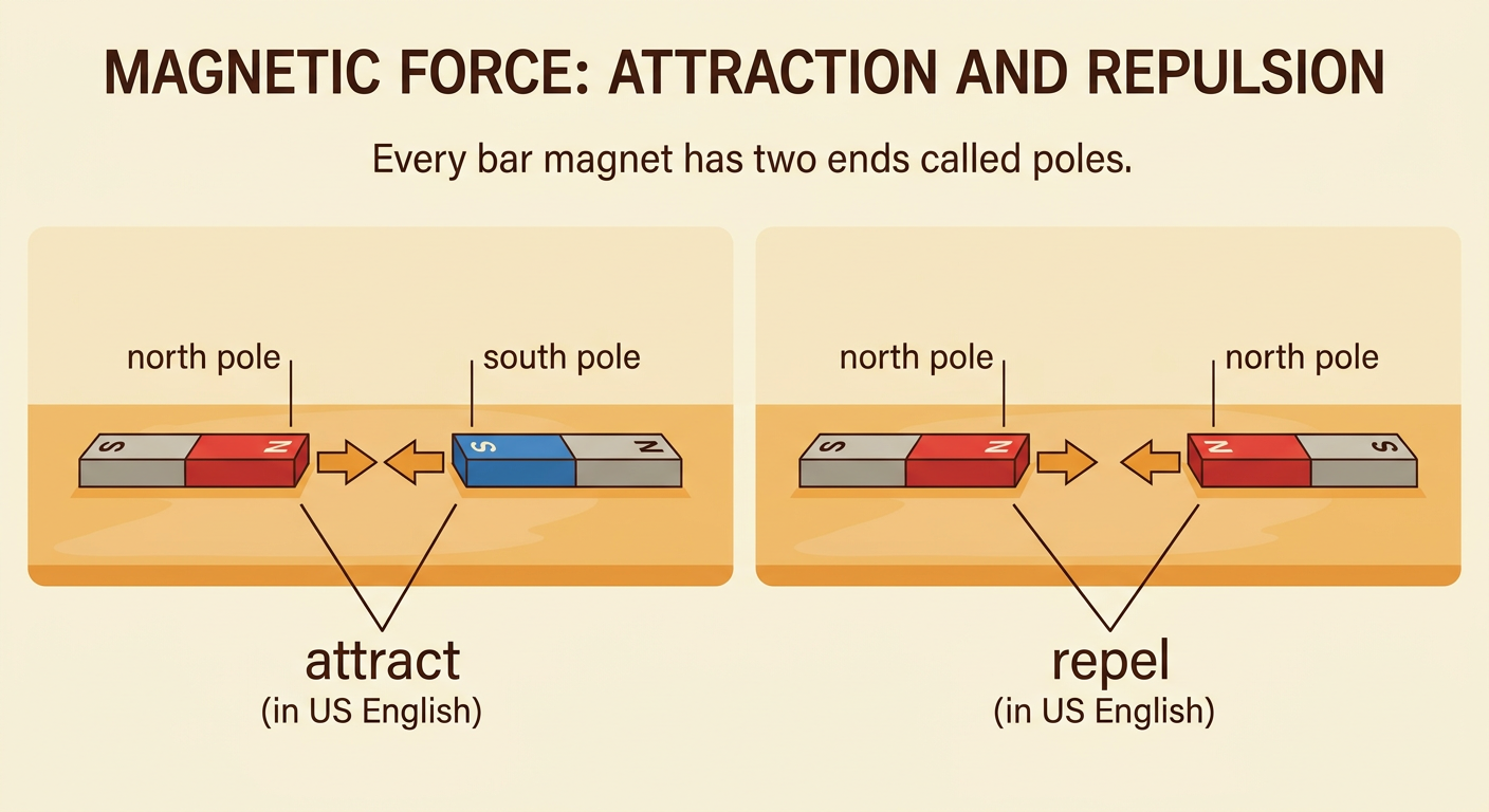 Two pairs of bar magnets show opposite poles attracting and matching poles repelling on a smooth table.
