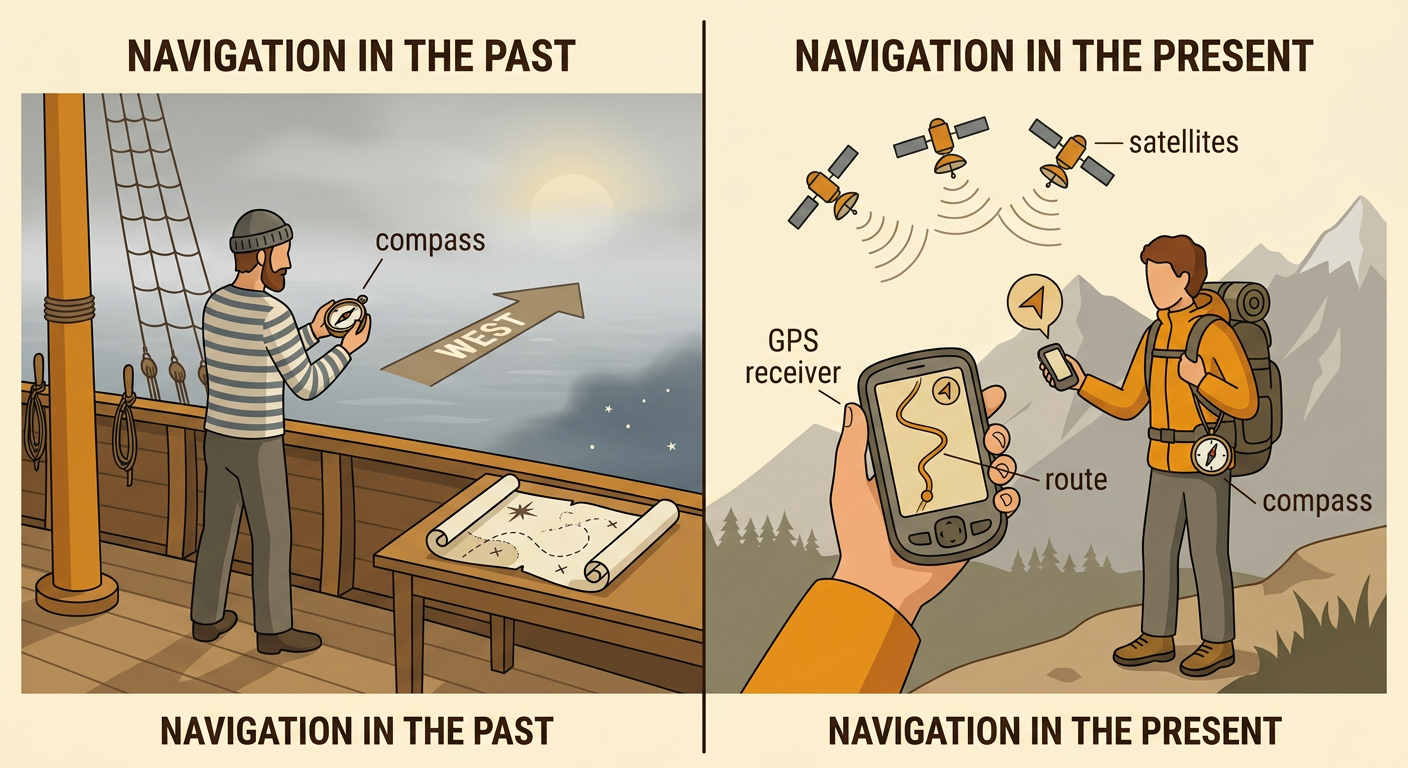 A split scene compares a sailor steering west by compass with a modern traveler following a GPS route.