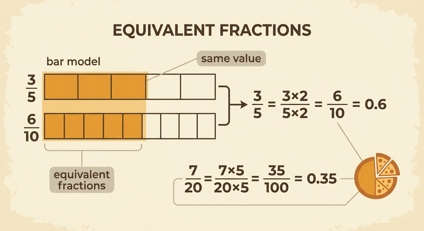 An equivalence chart shows two fractions rewritten with denominators of 10 and 100 and matched to their decimal forms.