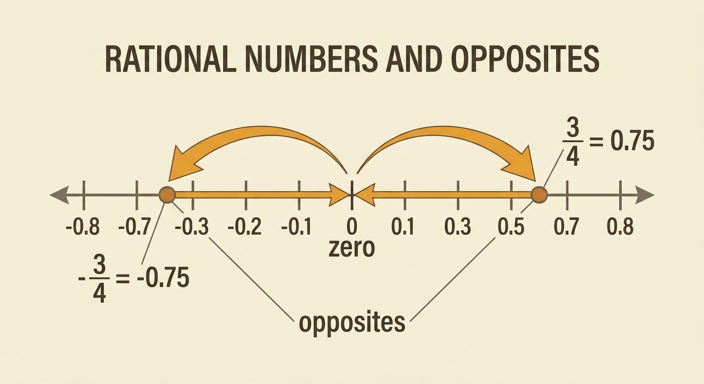 A number line from -1 to 1 shows opposite points at -0.75 and 0.75 labeled with equivalent fractions and decimals.