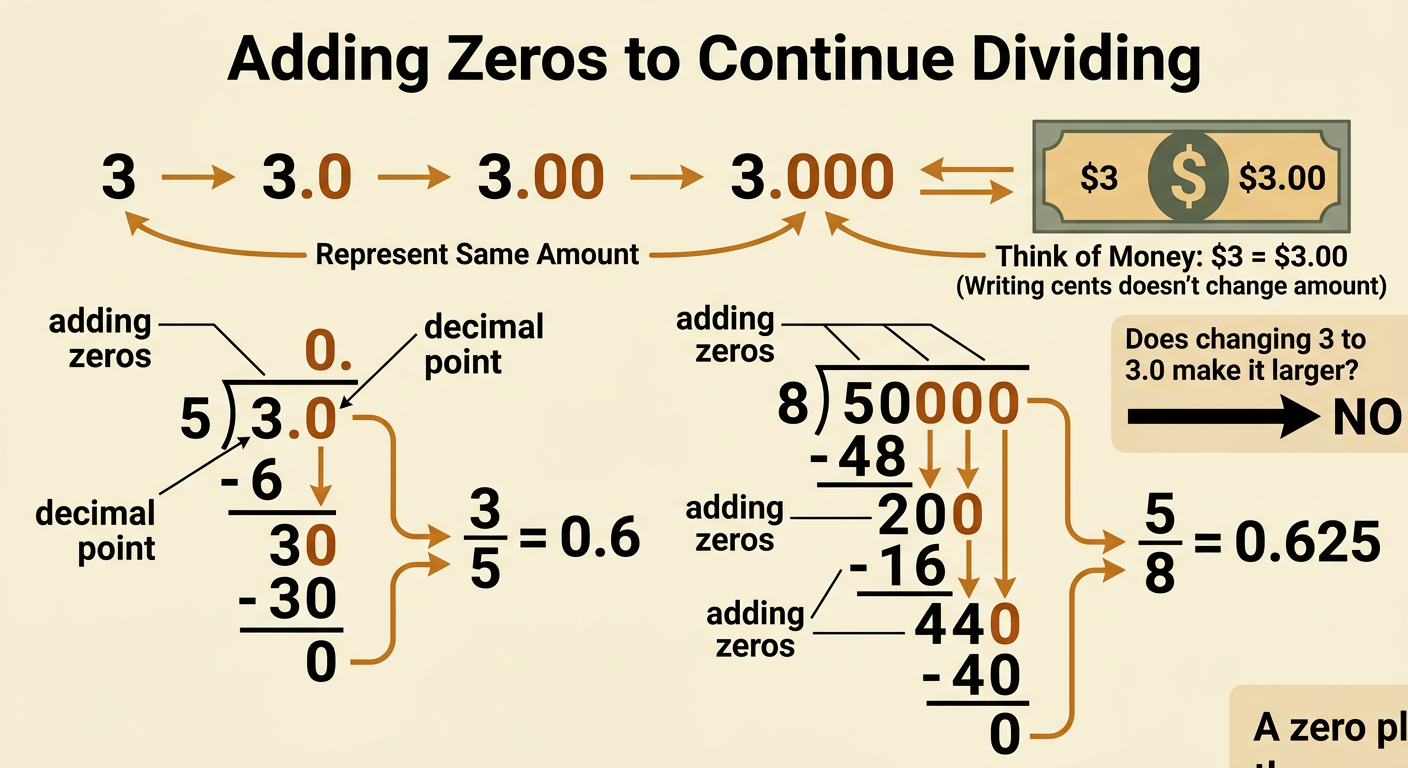 Two long-division examples show how adding zeros converts three-fifths and five-eighths into decimals.