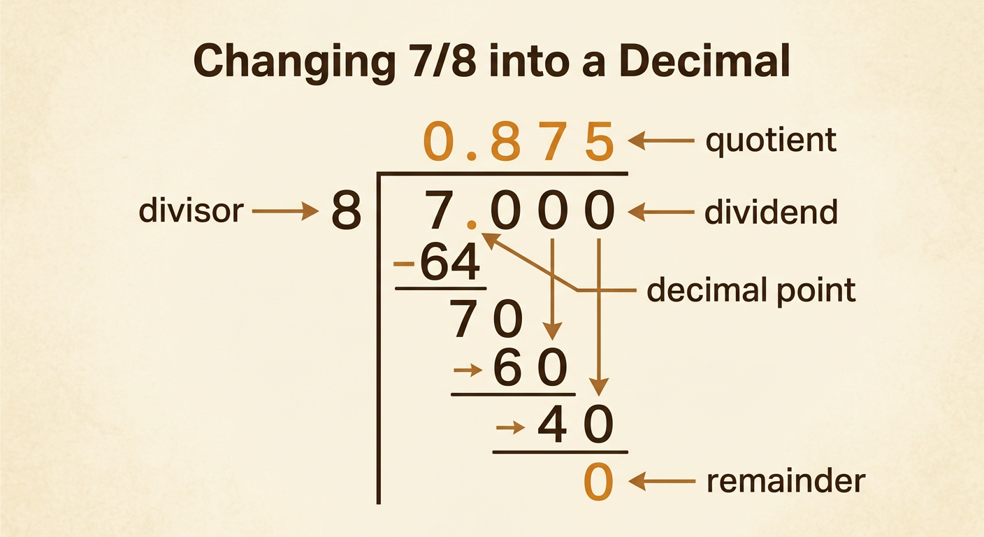 A labeled long-division example shows 7 divided by 8 equaling 0.875.
