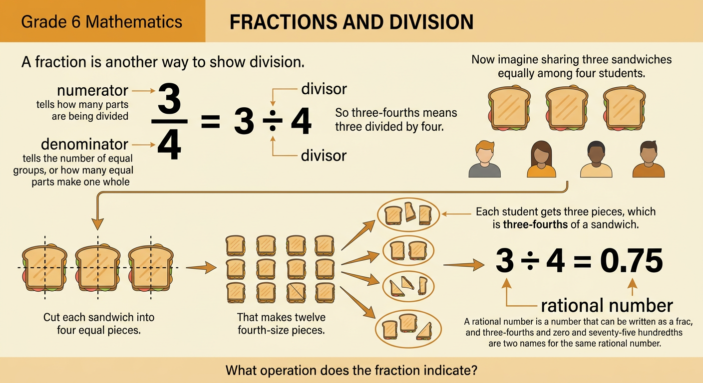 A labeled fraction and division equation show that three-fourths equals 0.75.