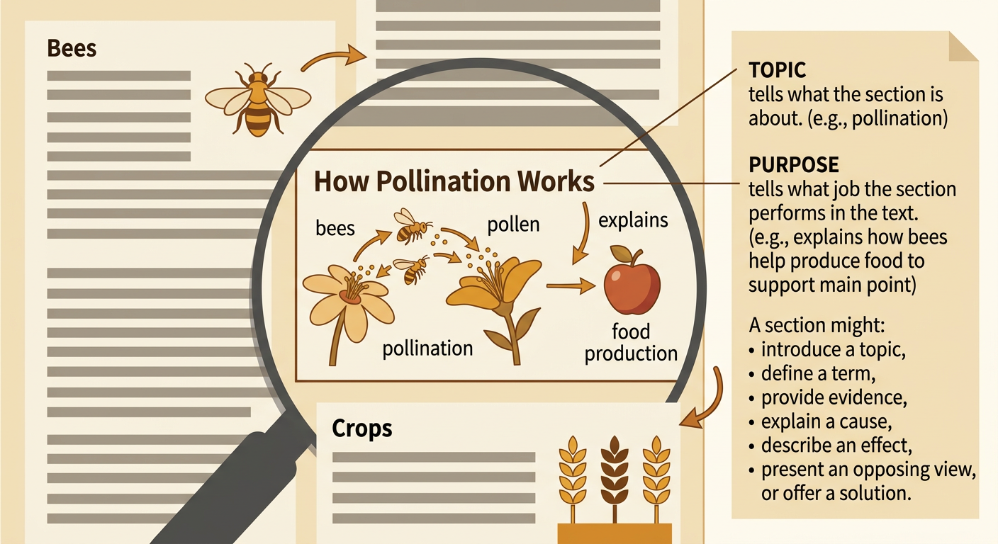 A bee carries pollen between flowers, with an arrow linking pollination to fruits, seeds, and food production.