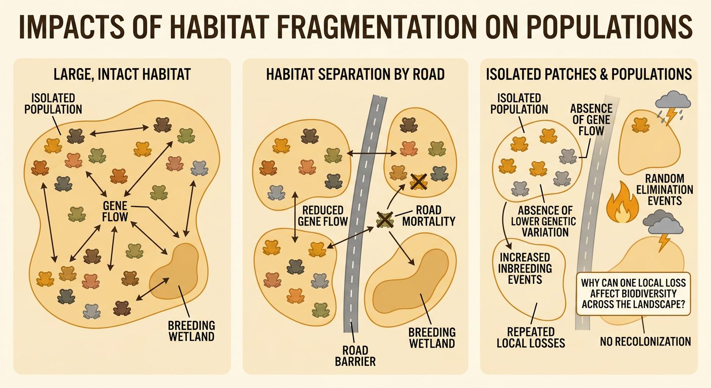 Two frog populations are separated by a road barrier, limiting movement and gene flow toward a breeding wetland.