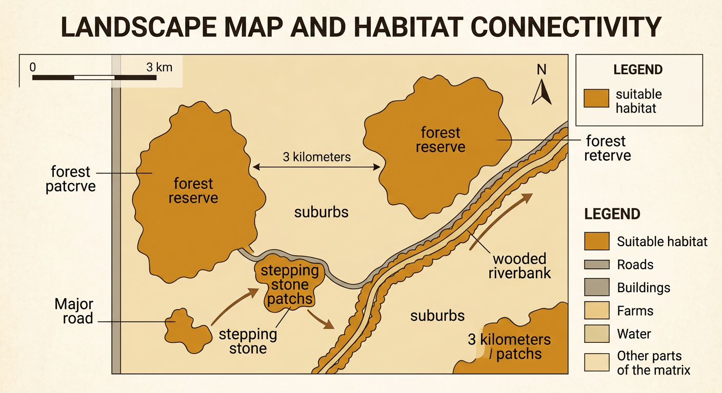 A landscape map shows two forest reserves separated by suburbs but linked by a wooded riverbank and a small stepping stone.
