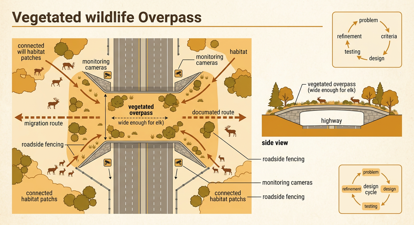 An elk conservation plan places a vegetated overpass on a migration route with roadside fencing and monitoring cameras.
